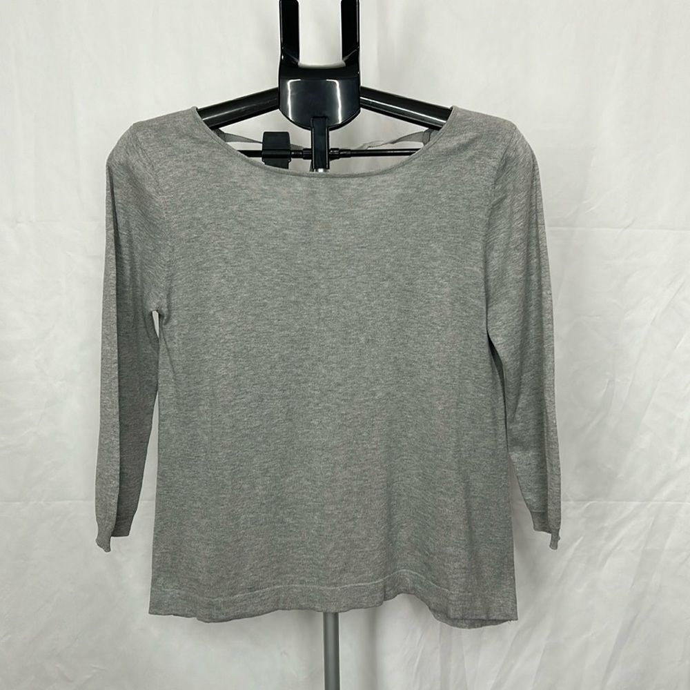 Garnet Hill Heathered Grey Silk Cotton Blend Knit Top Tie Back